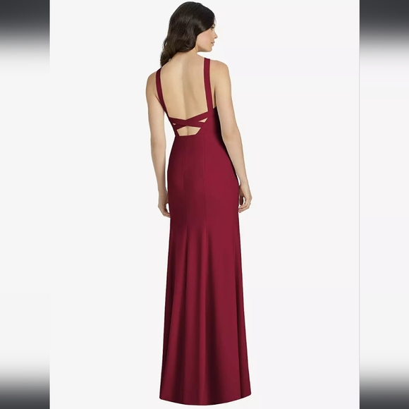 Dessy Collection High-Neck Backless Crepe Trumpet Gown In Burgundy Style… - Picture 4 of 9